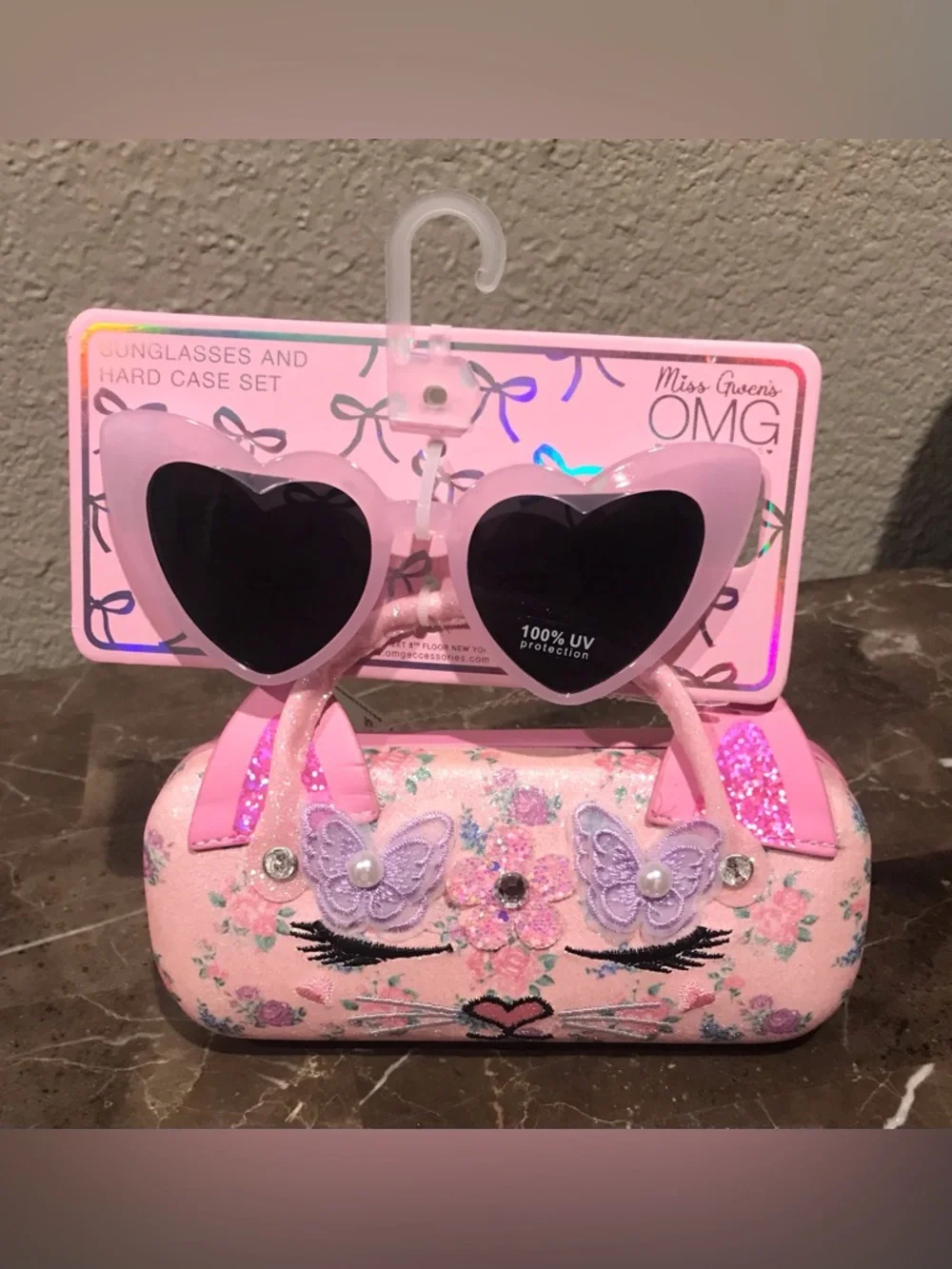 Kids Pink Heart Sunglasses with Floral Cat Hard Case
